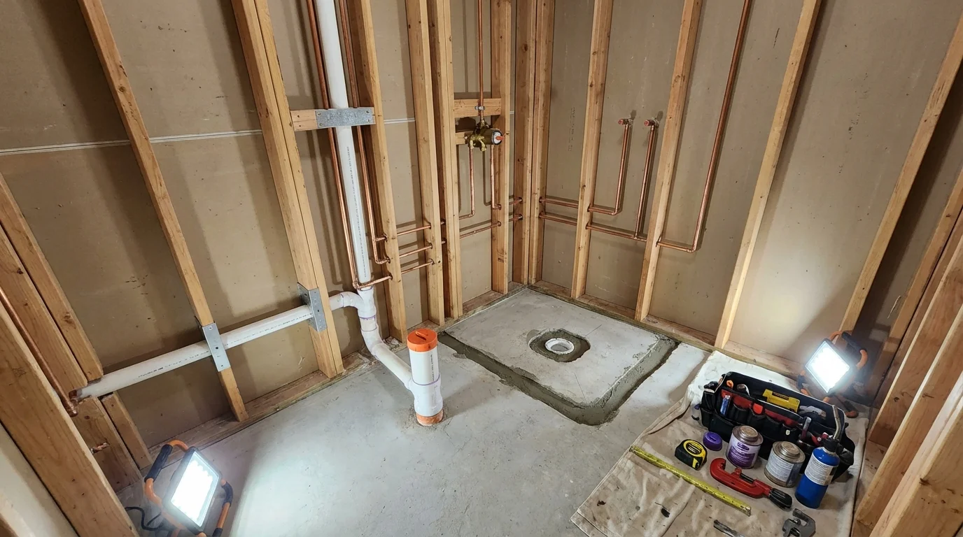 Bathroom rough-in plumbing during remodel by Johns Plumbing LLC in Lake Orion