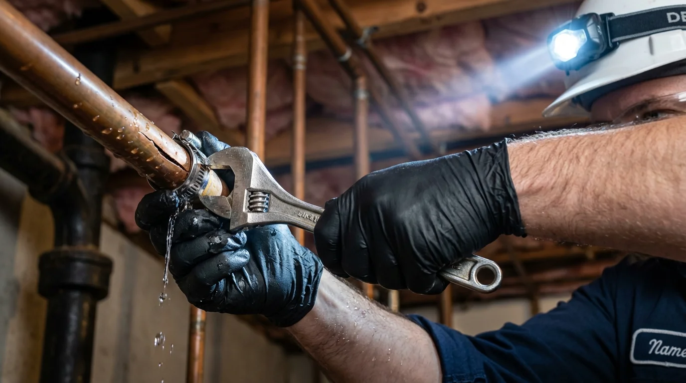 Emergency pipe clamp repair being performed by a Johns Plumbing LLC plumber in Lake Orion