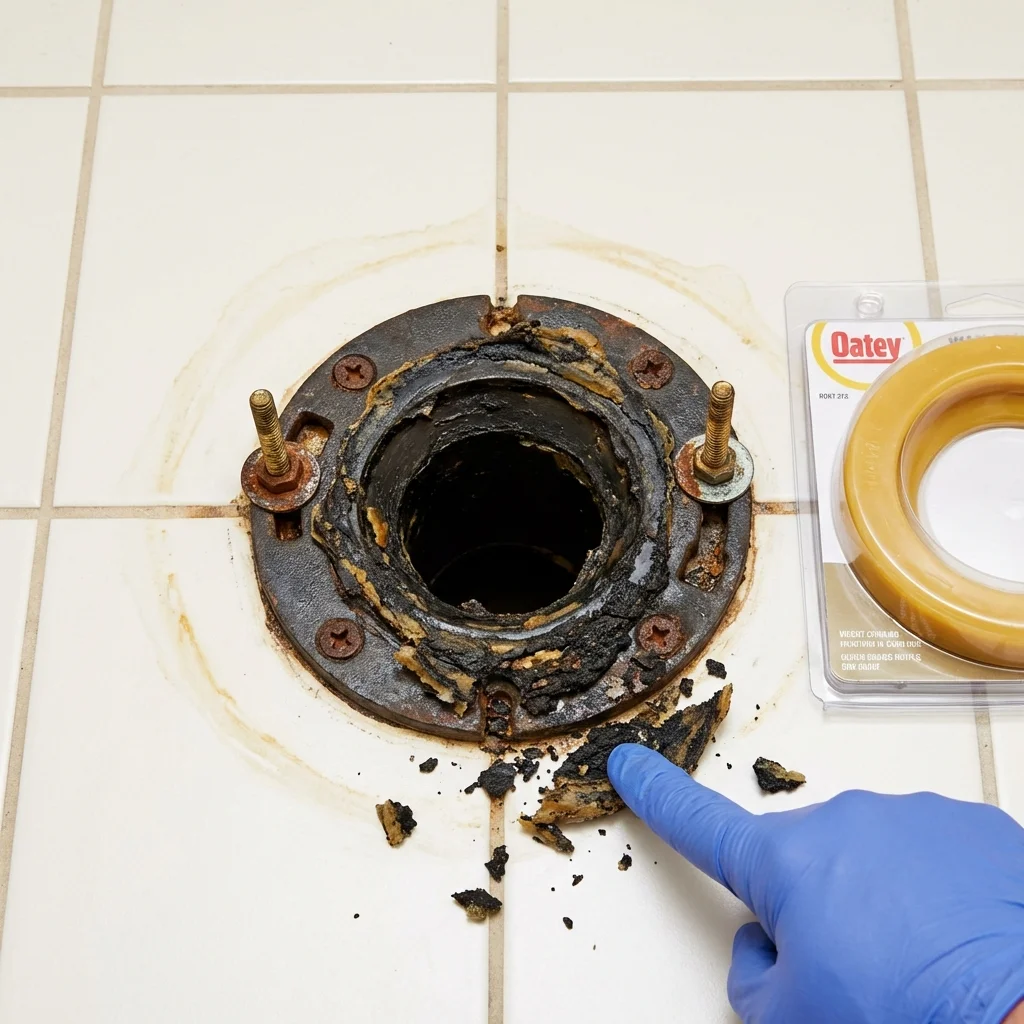 Failed wax ring showing water seepage at the base of a toilet in a Lake Orion, MI home