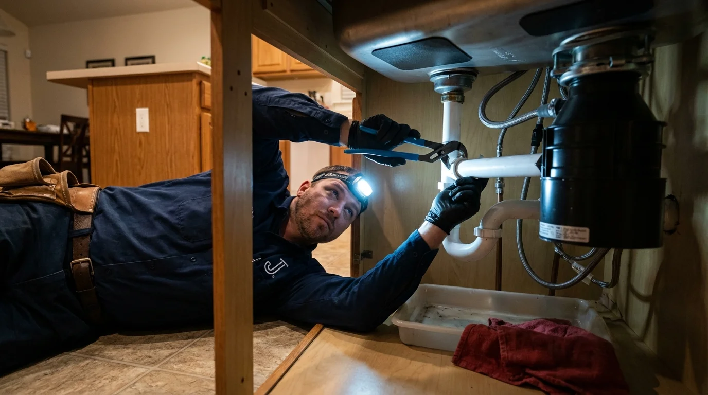 P-trap and supply line connections under a kitchen sink showing a common leak point in Lake Orion, MI